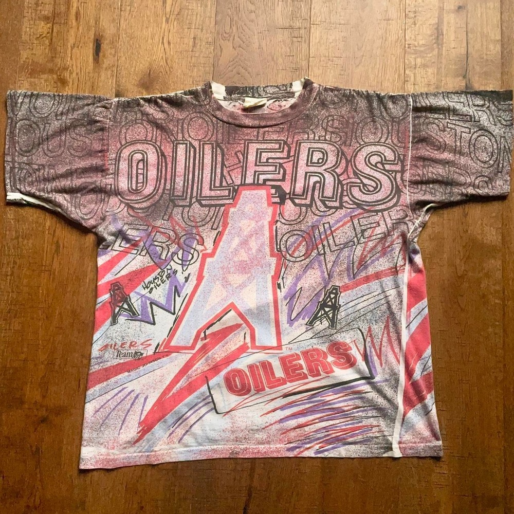 Magic Johnson T Houston Oilers Tee Mens L Multi Vintage 90s AOP NFL Football